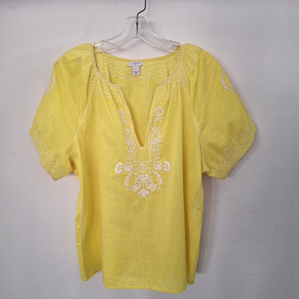 J CREW Yellow Cotton Boho Embroidered Short Puff Sleeve Top - Size L
